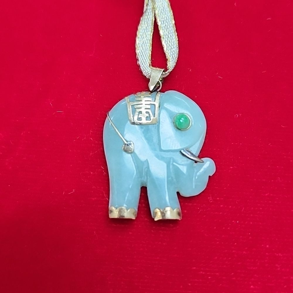 14K 585 Yellow Gold Green Jade/Jadeite Elephant Pendant Charm